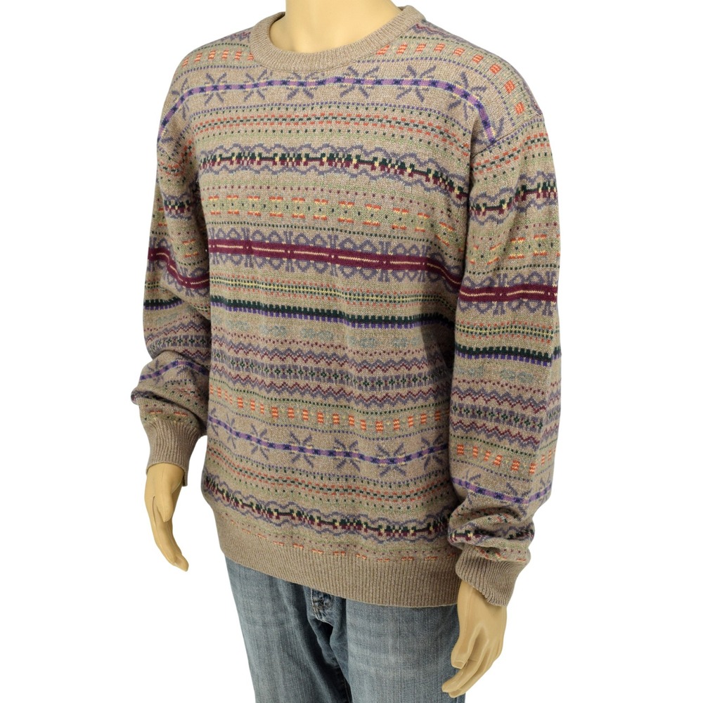 Jos. A. Bank Tan Nordic Fair Isle Lambswool Crewneck Ski Sweater Men's 2XL